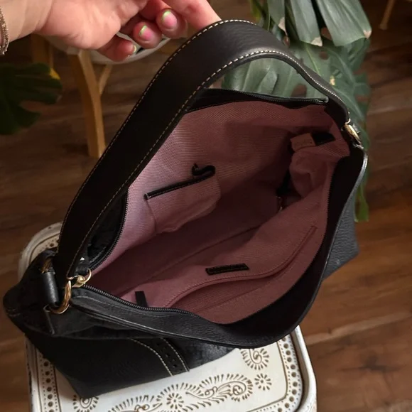 Dooney & Bourke Black Monogram Shoulder Bag with Perforated Leather and Tassels - Picture 4 of 11